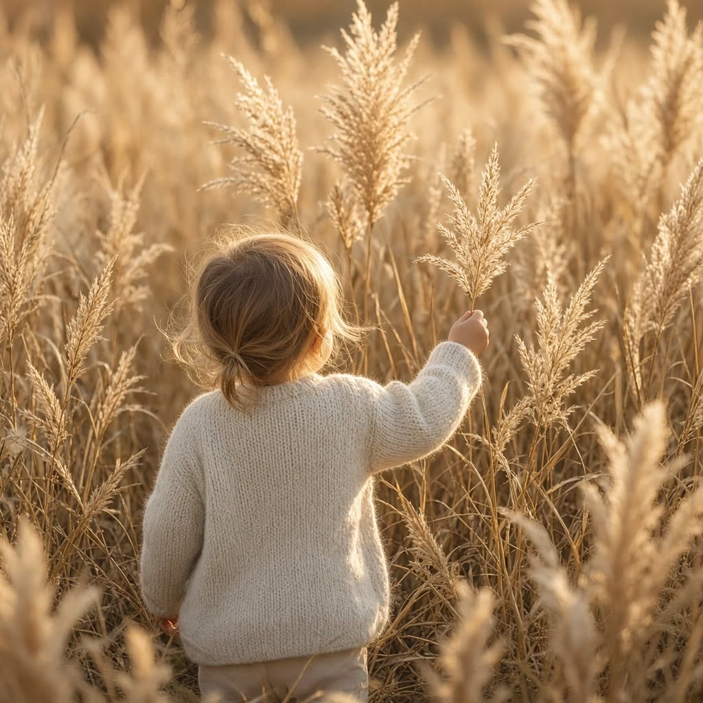 A small child reaching toward tall grass in late-afternoon light